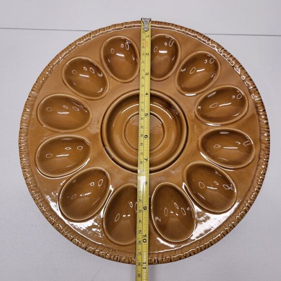 Vintage Retro Glazed Pottery Hazel Brown Deviled Egg Serving Platter - Picture 7 of 8